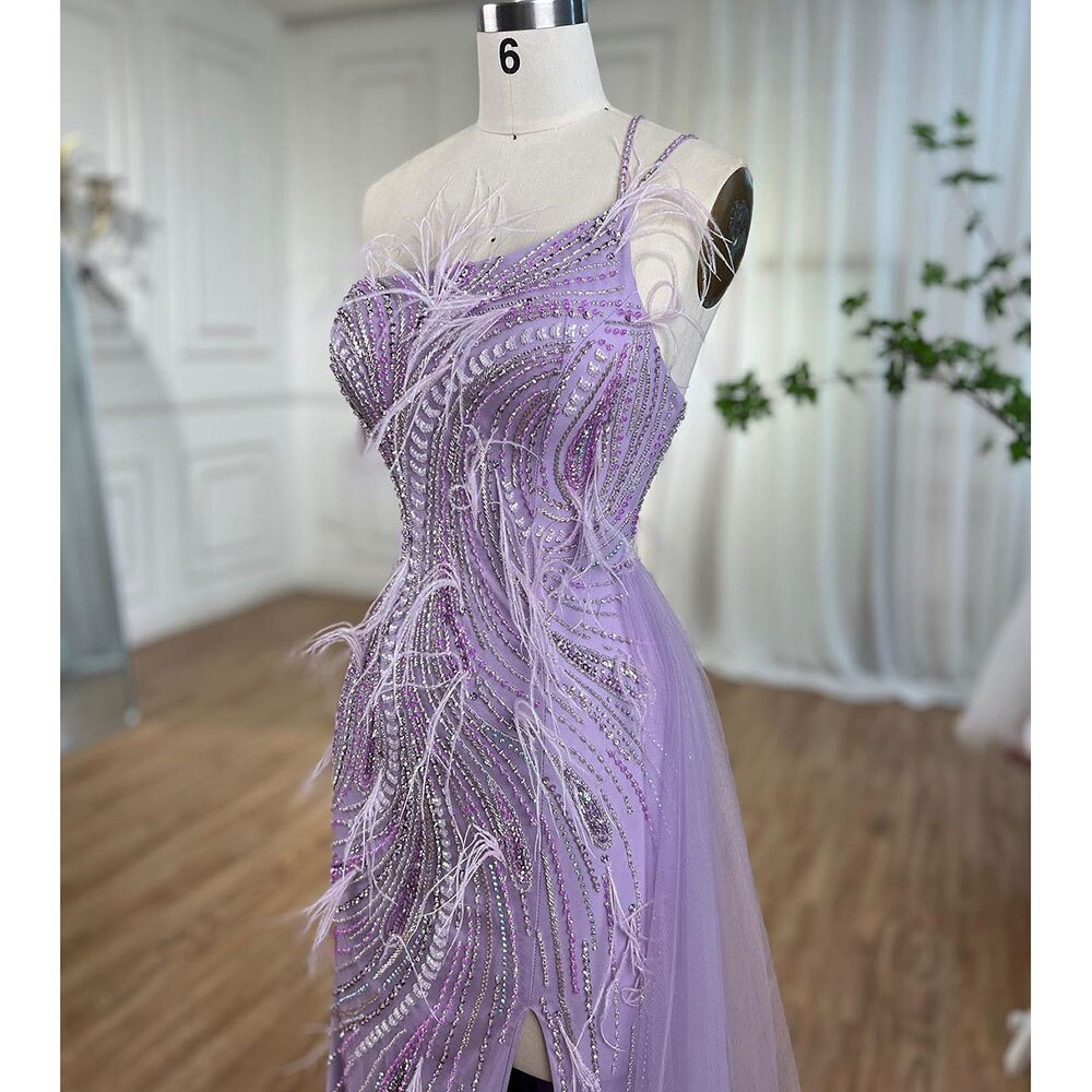 Lilac Mermaid Elegant One Shoulder Feathers Beaded Luxury Evening Dresses Gowns 2025 For Women Wedding Party LA72154