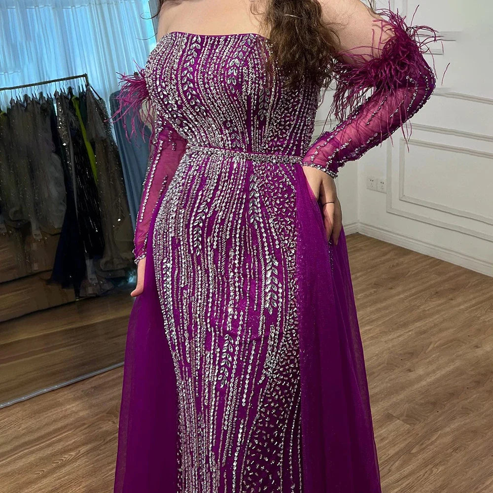 Lilac Mermaid Strapless Overskirt Feather Beaded Evening Dresses With Gloves Gowns 2025 For Women Party LA72029