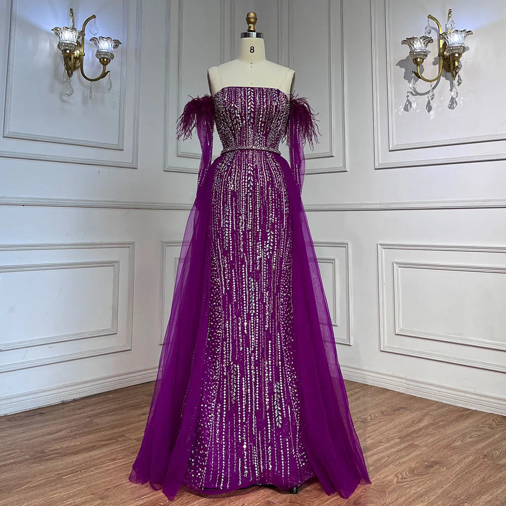 Lilac Mermaid Strapless Overskirt Feather Beaded Evening Dresses With Gloves Gowns 2025 For Women Party LA72029