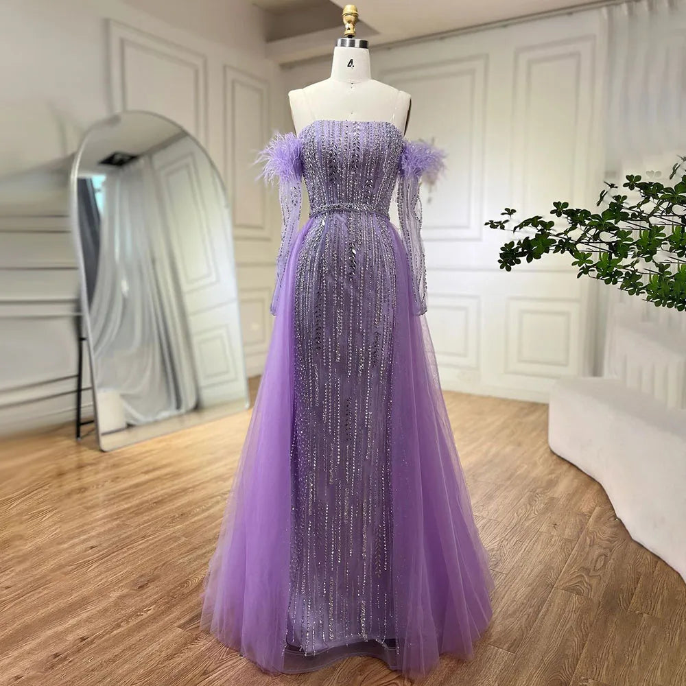 Lilac Mermaid Strapless Overskirt Feather Beaded Evening Dresses With Gloves Gowns 2025 For Women Party LA72029