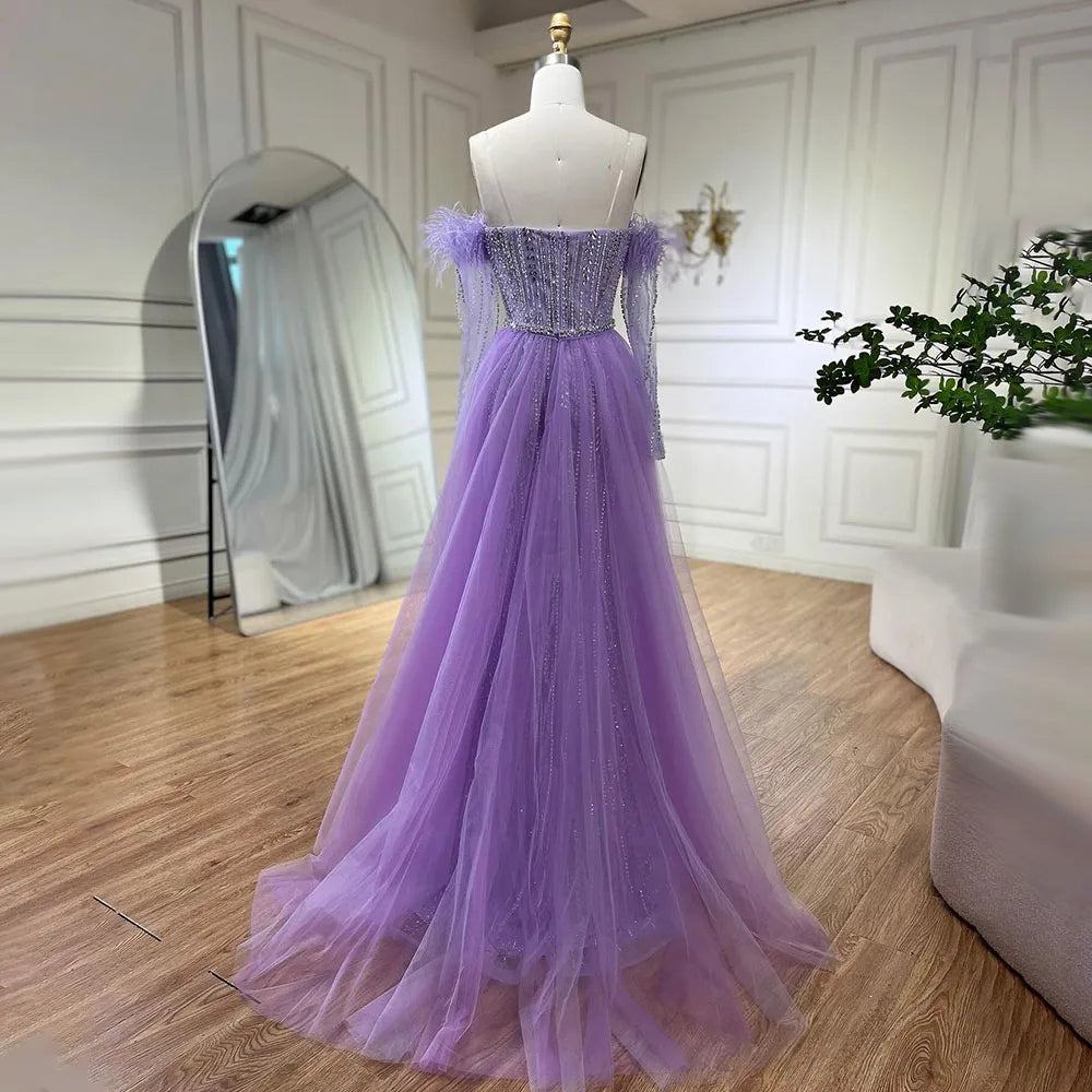 Lilac Mermaid Strapless Overskirt Feather Beaded Evening Dresses With Gloves Gowns 2025 For Women Party LA72029