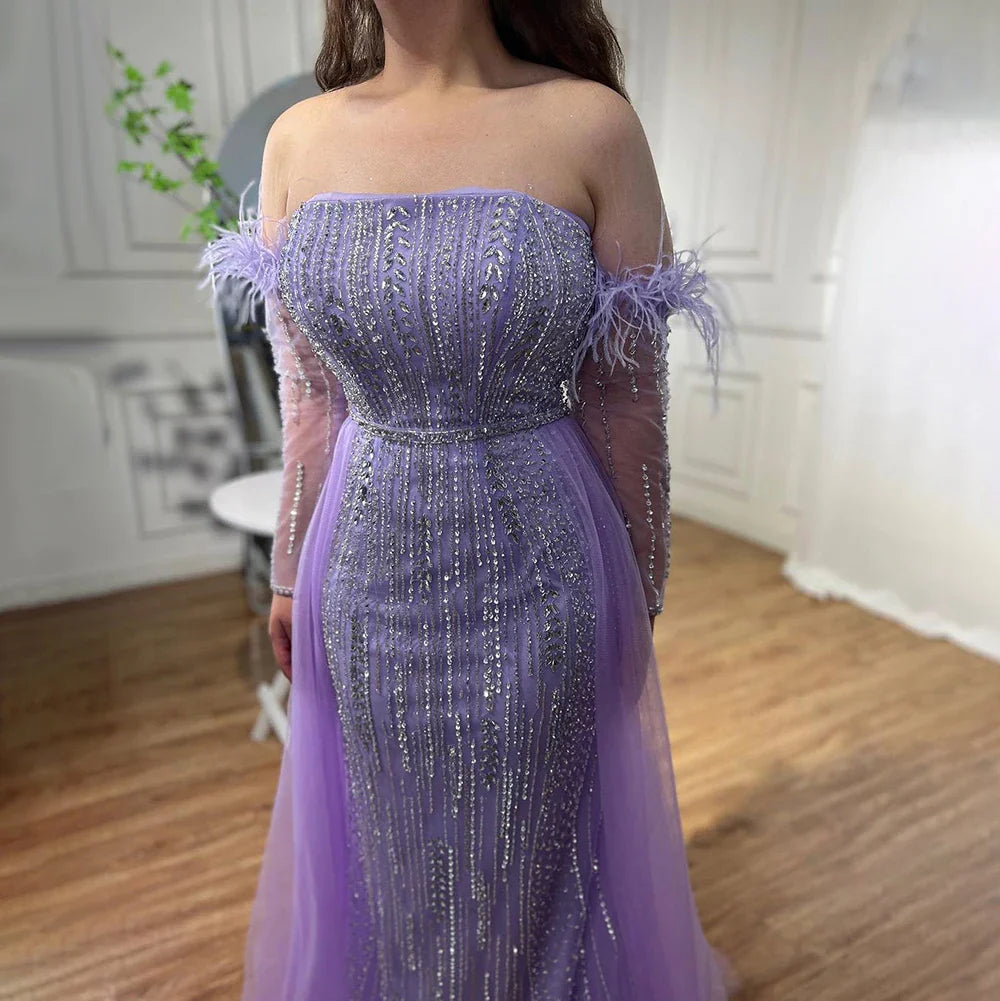 Lilac Mermaid Strapless Overskirt Feather Beaded Evening Dresses With Gloves Gowns 2025 For Women Party LA72029