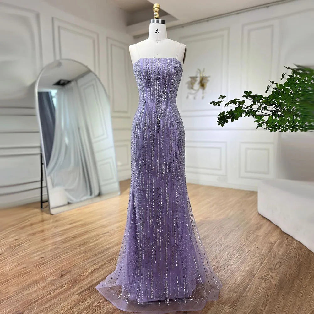 Lilac Mermaid Strapless Overskirt Feather Beaded Evening Dresses With Gloves Gowns 2025 For Women Party LA72029