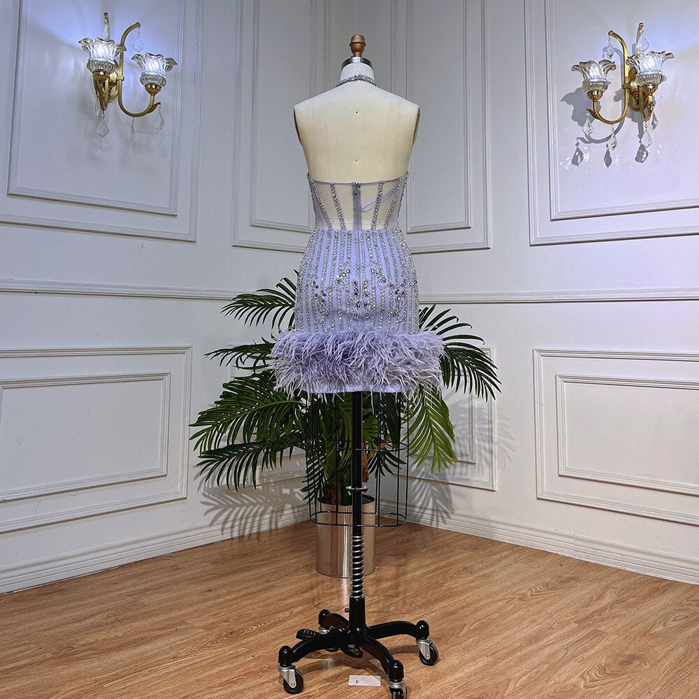 Lilac Sexy Mermaid Halter Off Shoulder Short Evening Dresses Luxury Beaded Feather Mini Gowns 2025 For Women Party LA72037