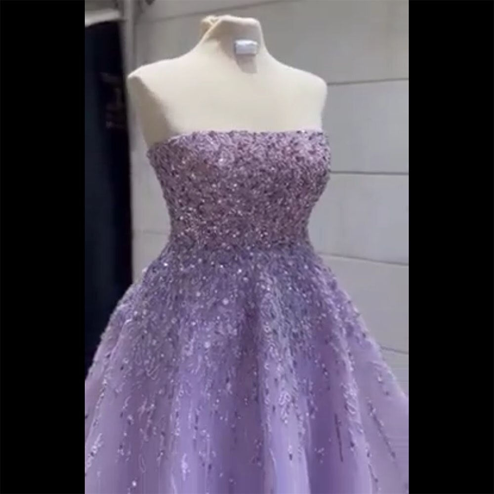 Lilac Strapless A Line Beaded Luxury Dubai Long Evening Dresses Gowns 2025 For Woman Wedding Party LA72119