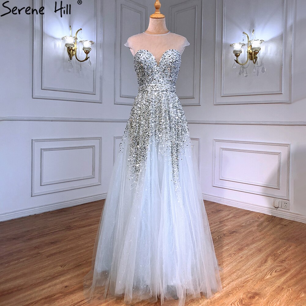 Luxury A-Line Grey Evening Dresses Gowns 2025 Beaded Detachable Sleeves For Women Party LA71354