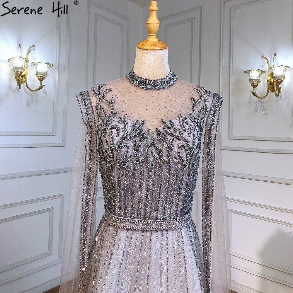 Luxury A-Line Silver Evening Dresses Gowns 2025 Beaded Cape Sleeve For Woman Party LA71443