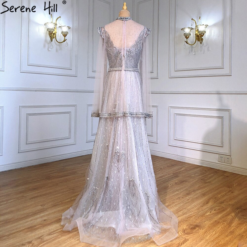 Luxury A-Line Silver Evening Dresses Gowns 2025 Beaded Cape Sleeve For Woman Party LA71443