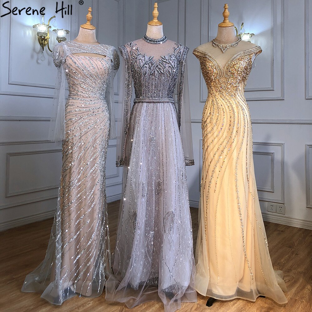 Luxury A-Line Silver Evening Dresses Gowns 2025 Beaded Cape Sleeve For Woman Party LA71443