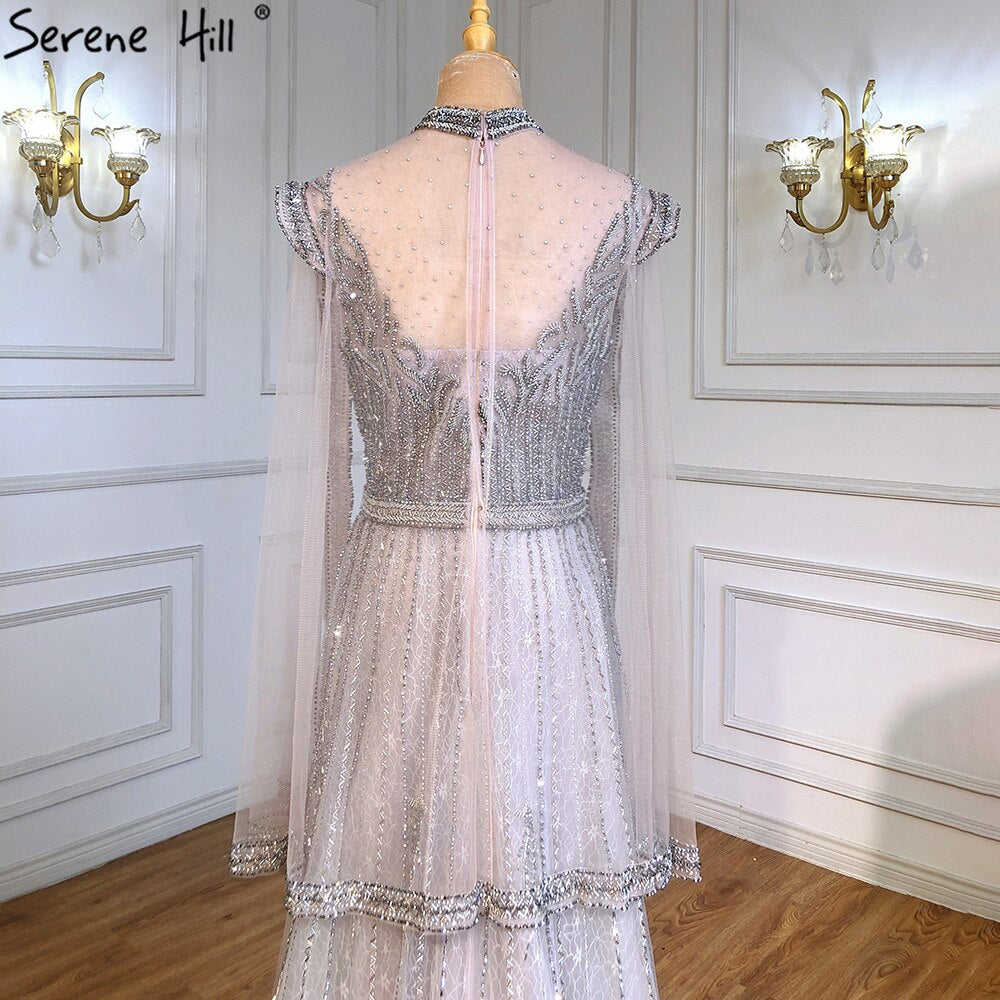 Luxury A-Line Silver Evening Dresses Gowns 2025 Beaded Cape Sleeve For Woman Party LA71443