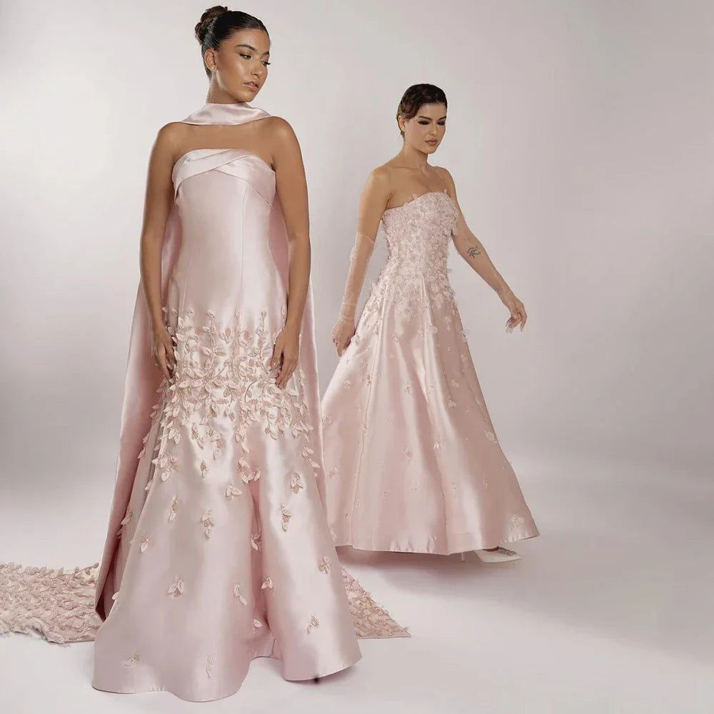 Luxury Peach Satin Mermaid Evening Dress with Cape Saudi Arabic for Formal Occasion 2025 LA72483A