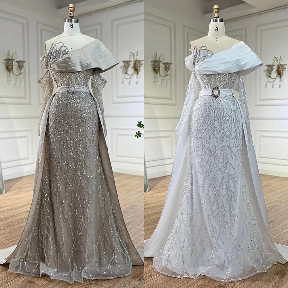 Luxury Arabic Nude Pearls Beaded Evening Dresses Dubai Elegant One Shoulder Women Wedding Party Gowns 2025 LA72486