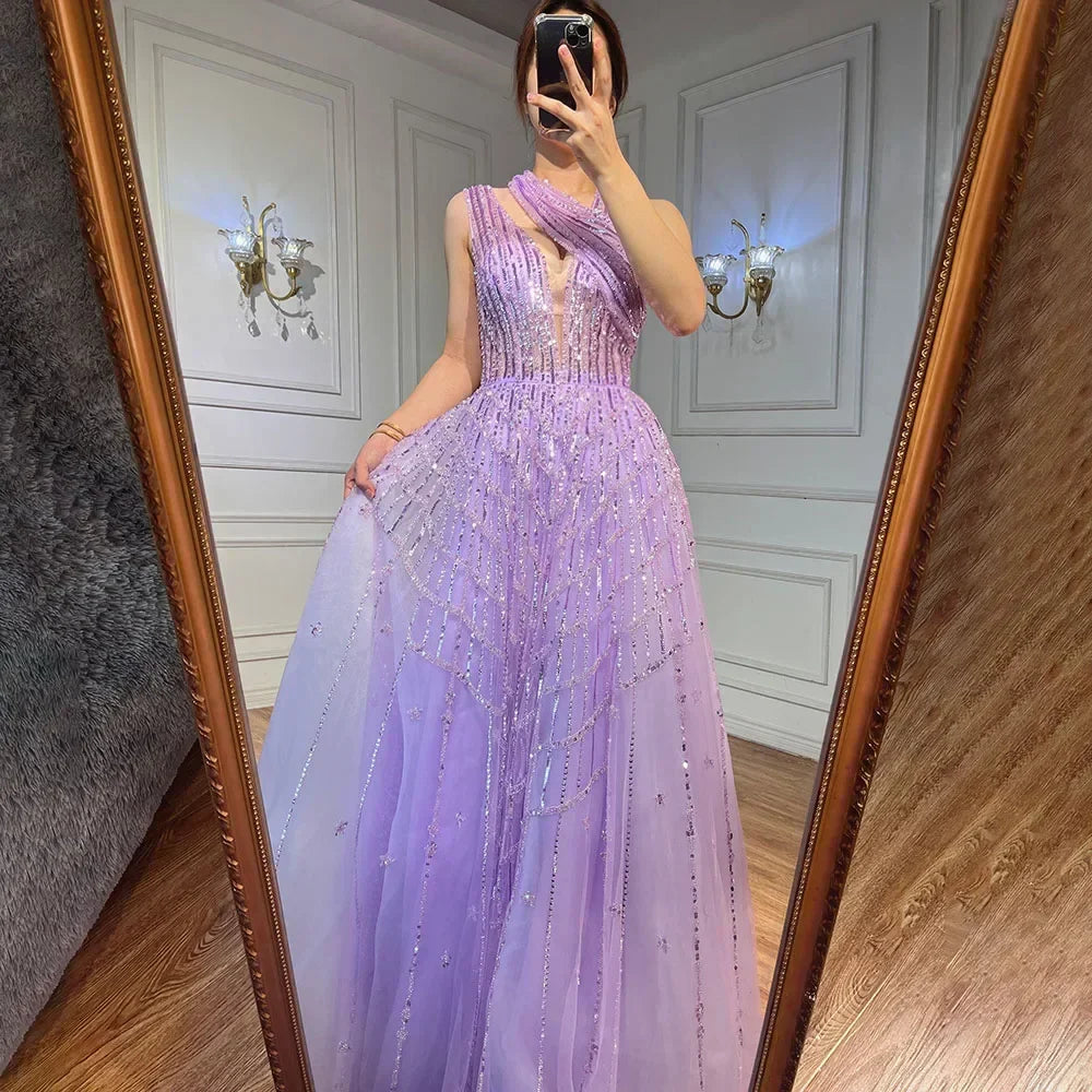 Luxuriöses, mit Perlen verziertes, lila Abendkleid für Damen, Hochzeit, Party, LA71778