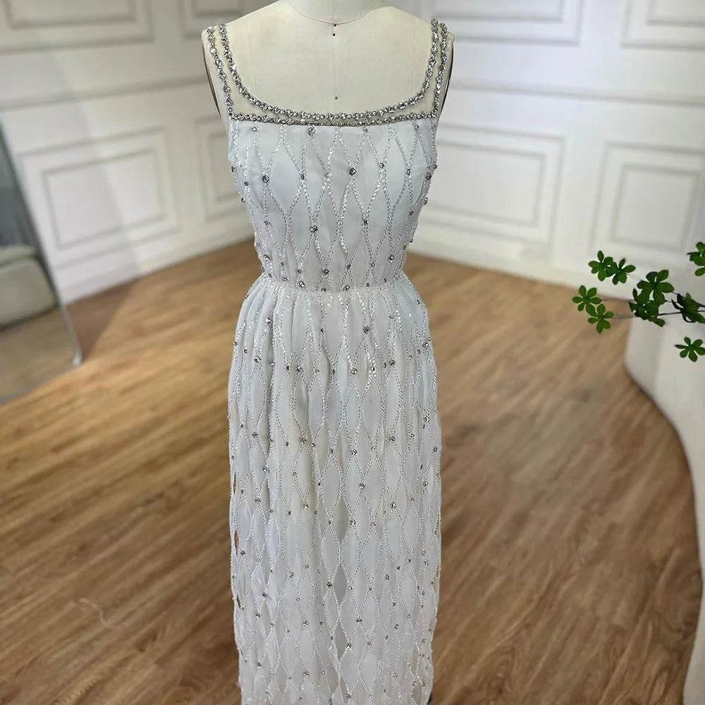 Luxury Crystal Dubai White Evening Dresses for Women Wedding Sqaure Neckline Midi Formal Prom Party Gown LA72473