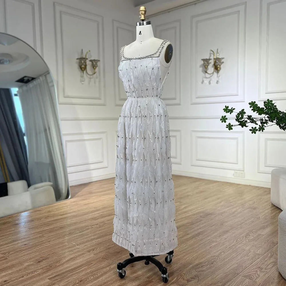 Luxury Crystal Dubai White Evening Dresses for Women Wedding Sqaure Neckline Midi Formal Prom Party Gown LA72473