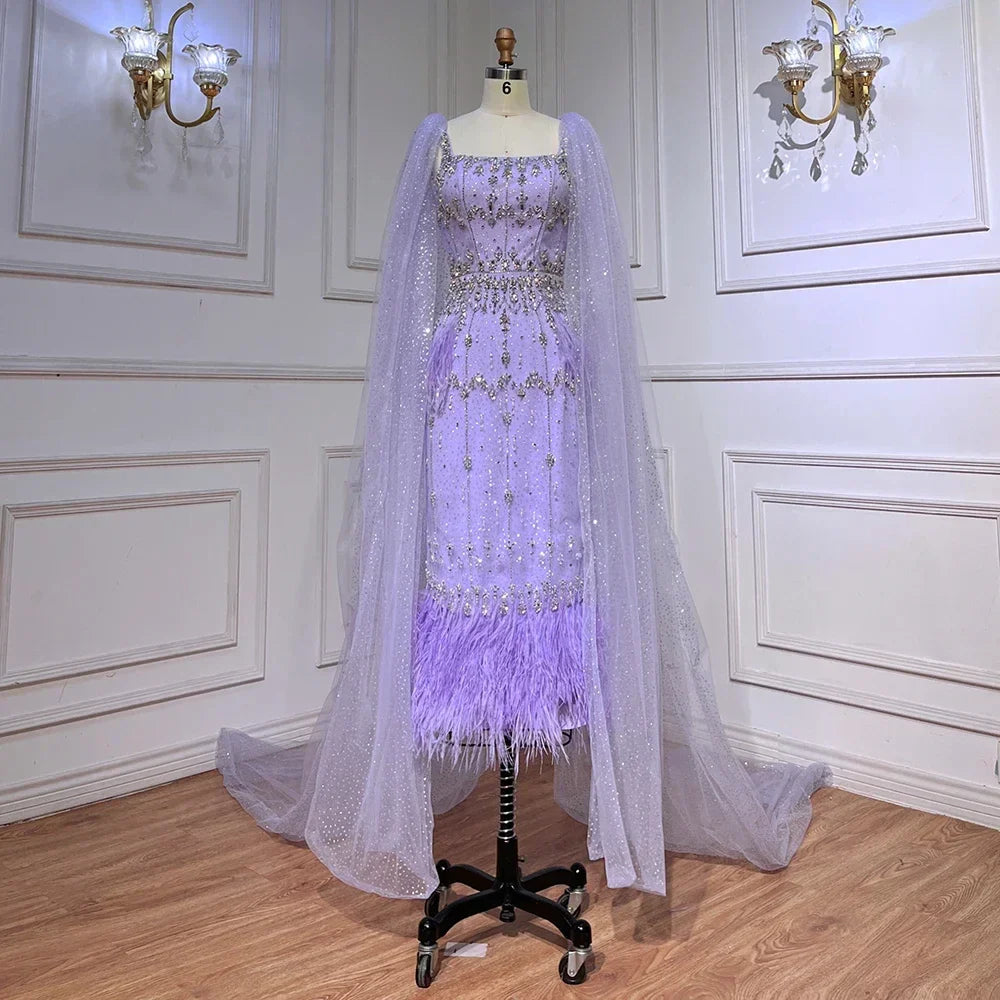 Luxuriöses arabisches Midi-Abendkleid mit Kristallfedern und blauer Spitze LA71492A