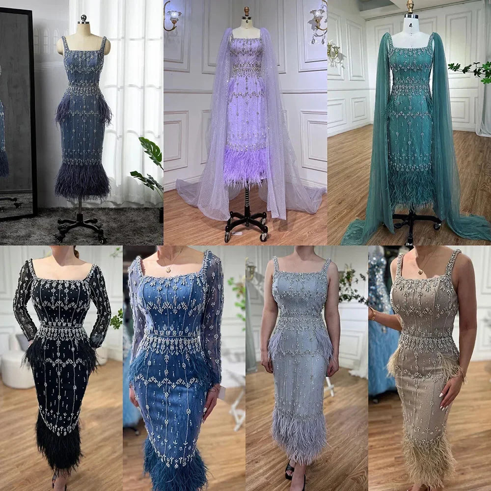 Luxuriöses arabisches Midi-Abendkleid mit Kristallfedern und blauer Spitze LA71492A