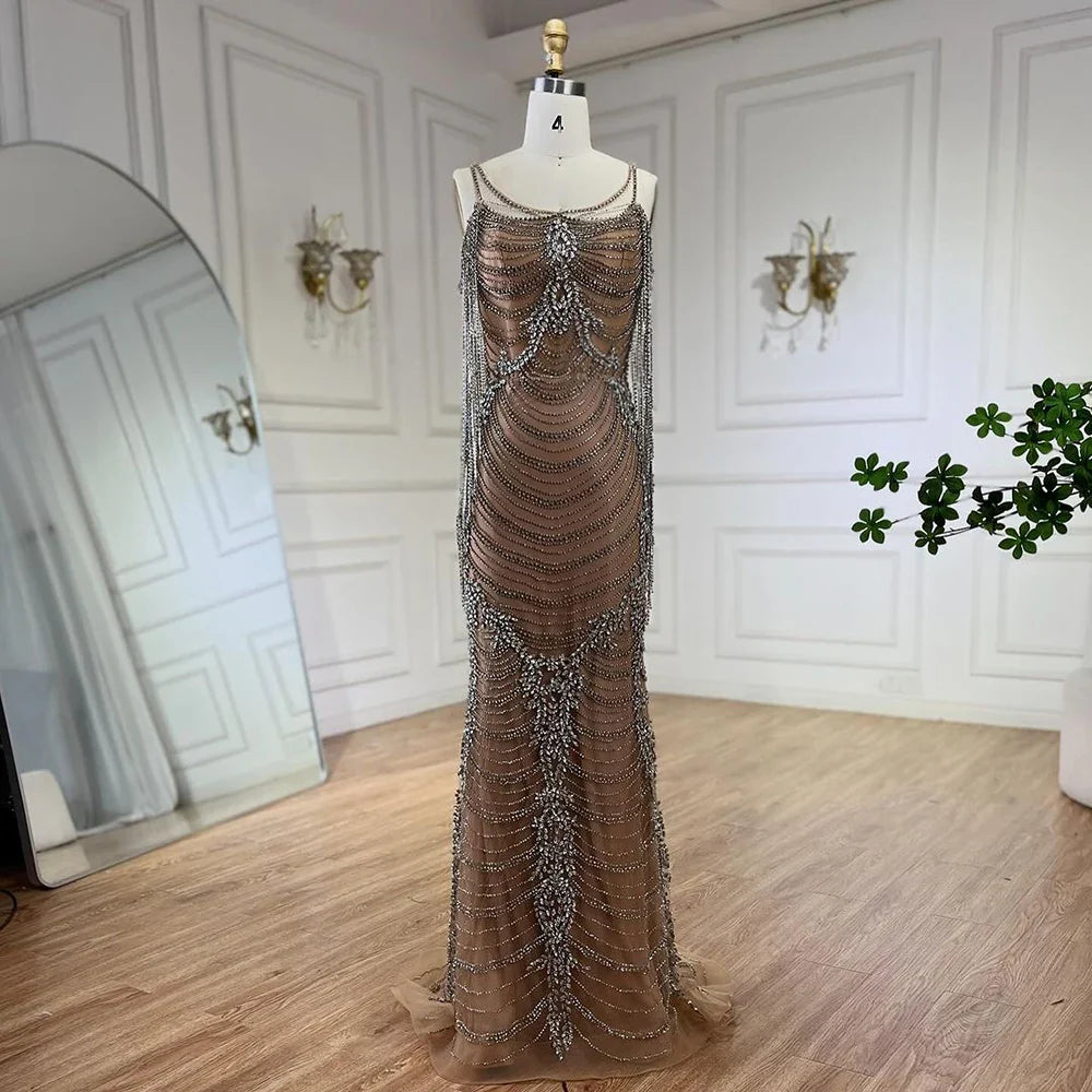 Luxury Crystal Tassel Dubai Caramel Evening Dresses for Women Wedding Spaghetti Strap Formal Prom Party Gown LA72468