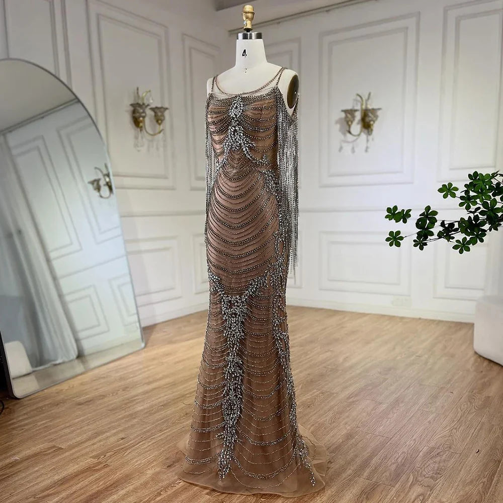 Luxury Crystal Tassel Dubai Caramel Evening Dresses for Women Wedding Spaghetti Strap Formal Prom Party Gown LA72468