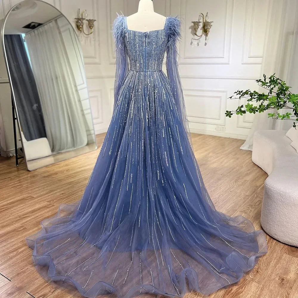 Blaue Luxus-Federn Arabische Abendkleider mit Cape LA72236