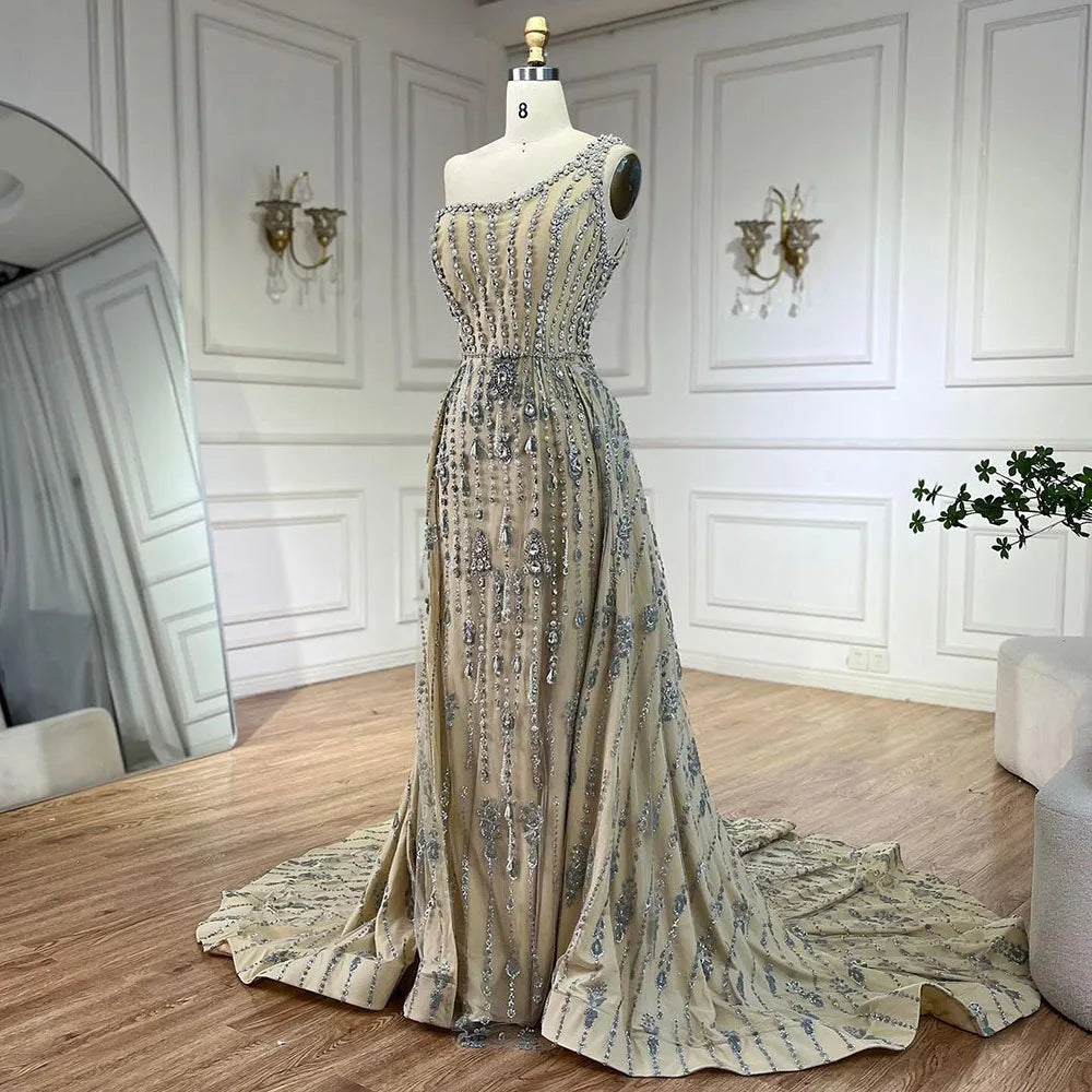 Luxury Dubai Arabia Nude Beaded One Shoulder Mermaid Elegant Evening Dresses Gowns For Woman Wedding Party LA71538