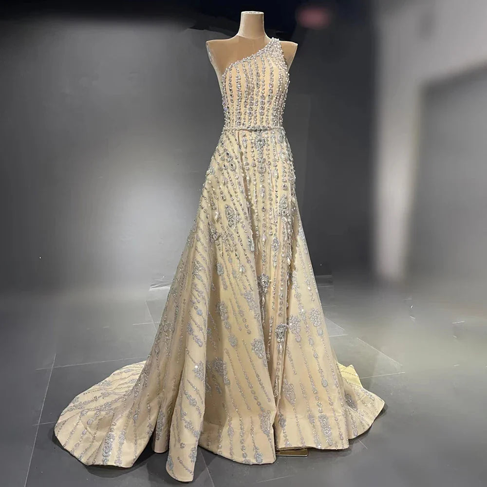 Luxury Dubai Arabia Nude Beaded One Shoulder Mermaid Elegant Evening Dresses Gowns For Woman Wedding Party LA71538