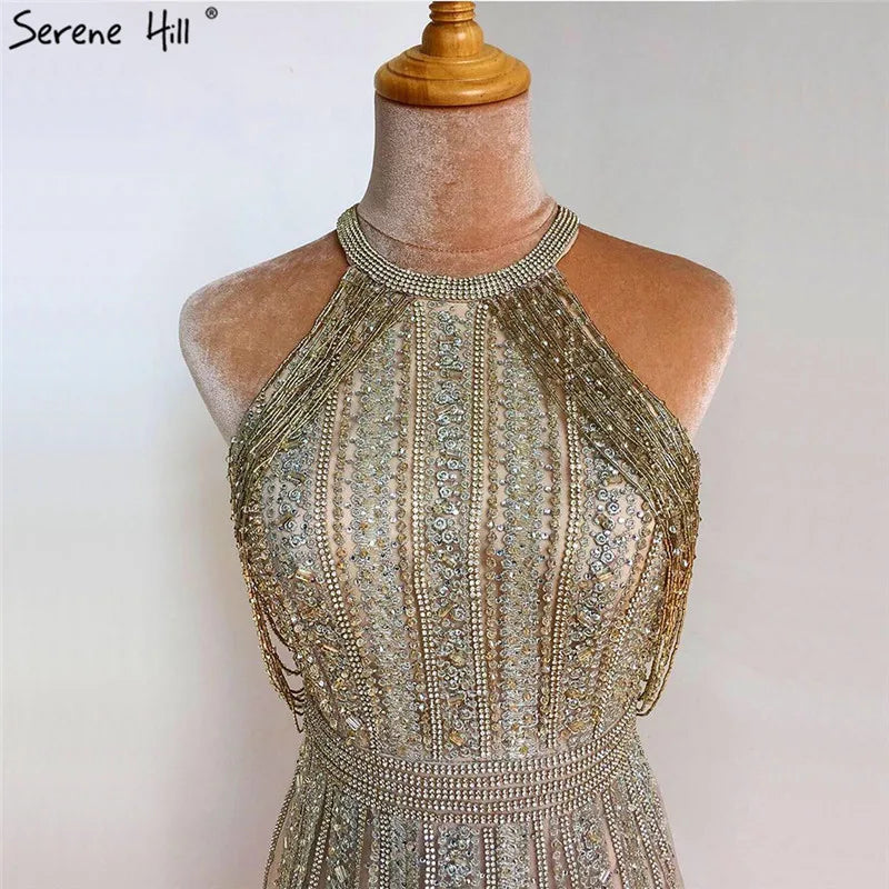 Luxury Dubai Arabic A-Line Gold Beaded Tassel Formal Evening Dresses for Women's Wedding Party Gowns 2025 LA70357