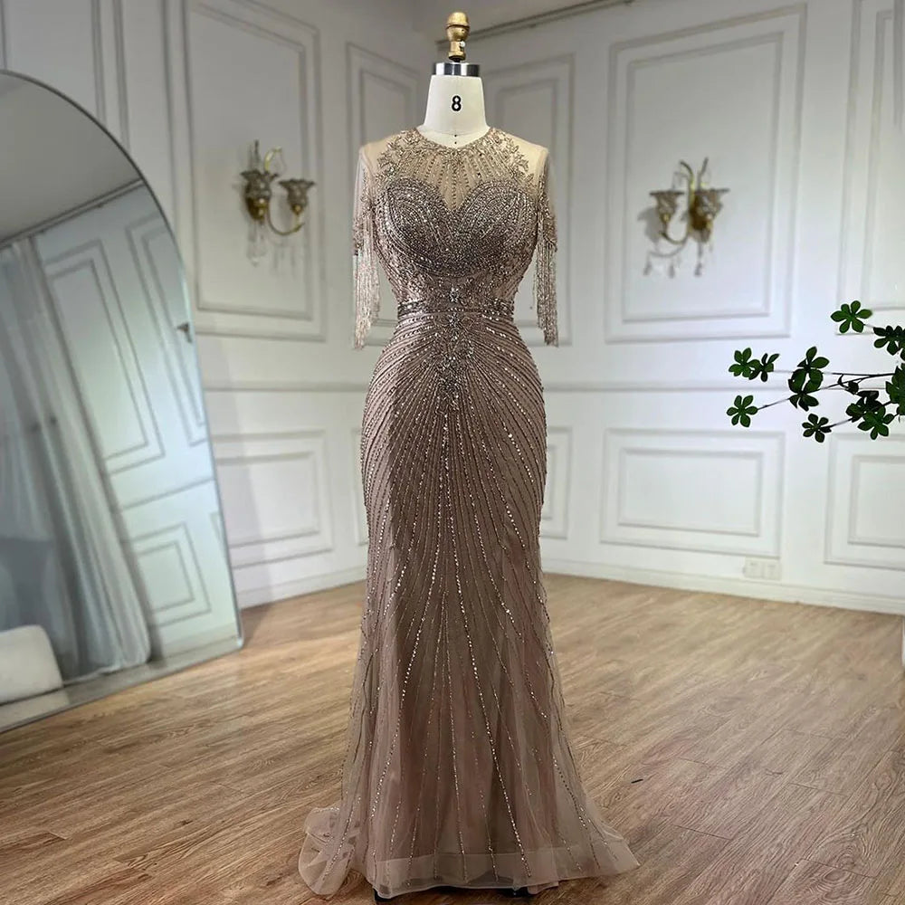 Arabic Caramel A Line Dubai Evening Dresses Gowns 2025 Beaded Luxury For Women Wedding Party LA72252