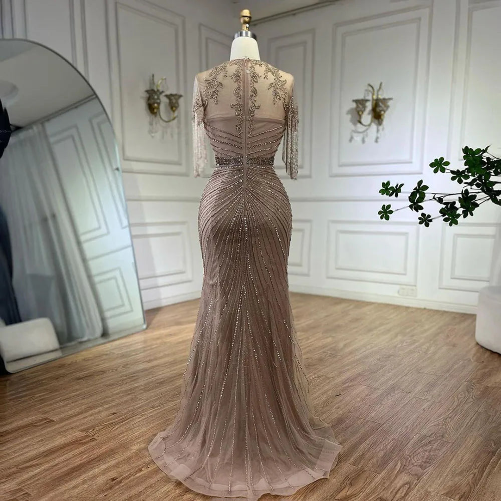 Luxury Dubai Arabic Caramel Tassel Mermaid Beaded Evening Dresses Gowns for Women's Wedding Party 2025 LA72463