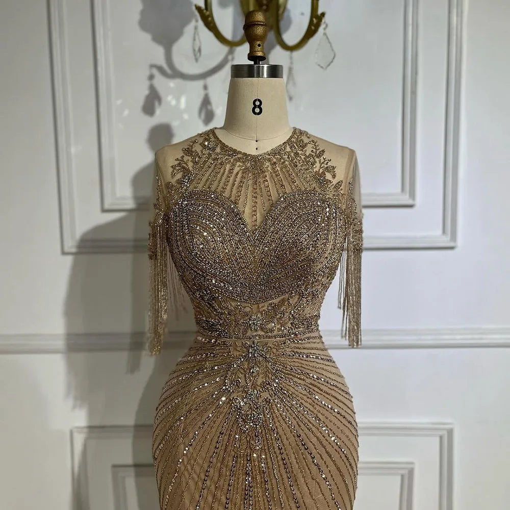 Luxury Dubai Arabic Caramel Tassel Mermaid Beaded Evening Dresses Gowns for Women's Wedding Party 2025 LA72463