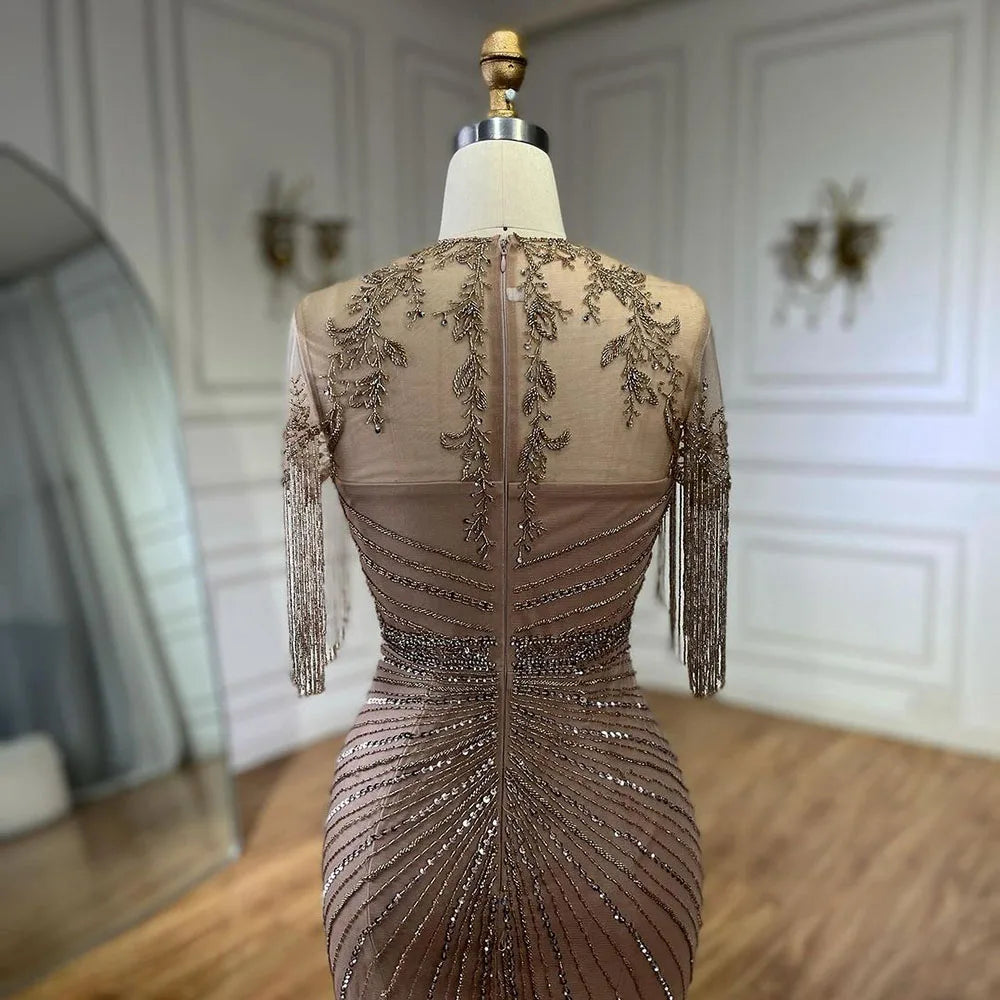 Luxury Dubai Arabic Caramel Tassel Mermaid Beaded Evening Dresses Gowns for Women's Wedding Party 2025 LA72463