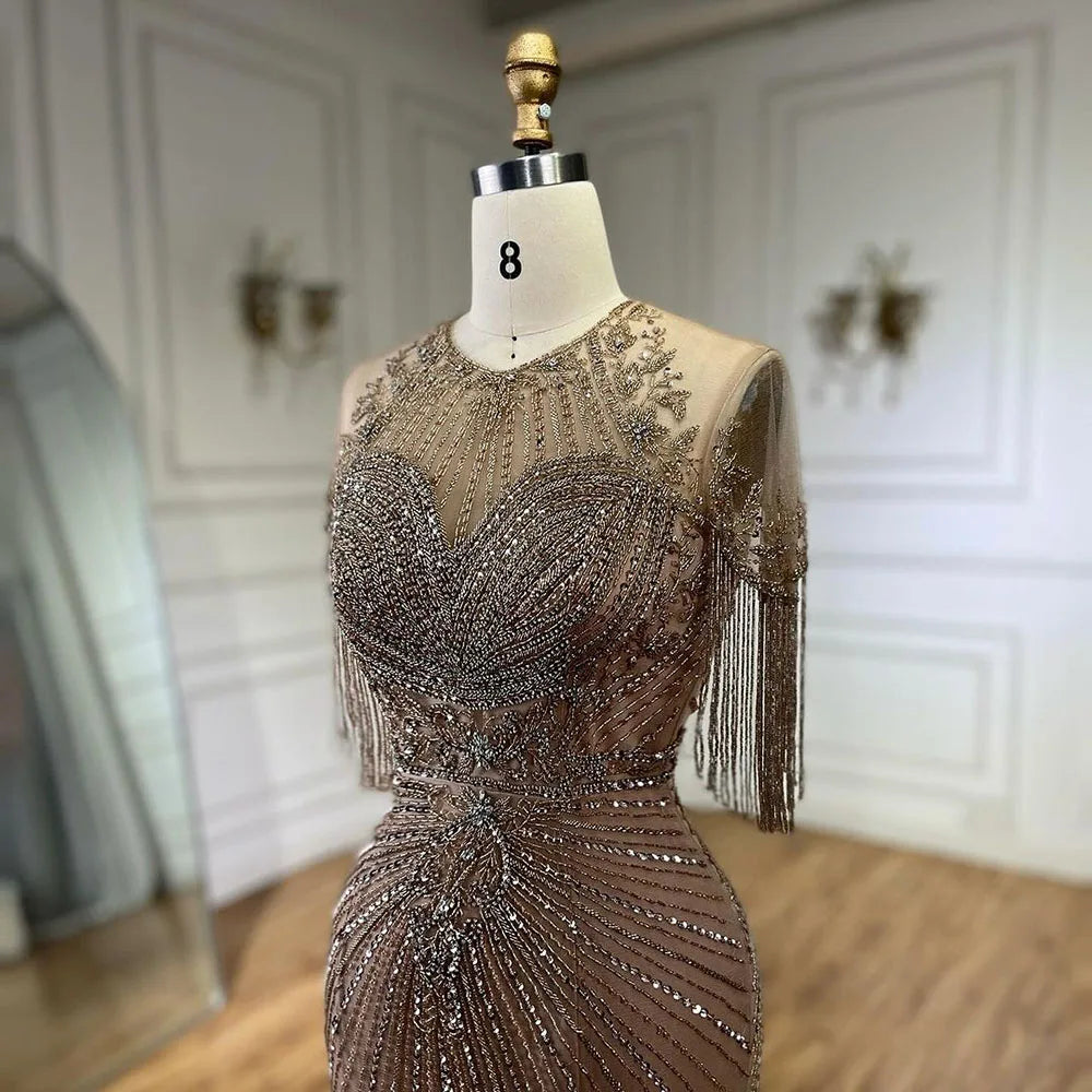 Luxury Dubai Arabic Caramel Tassel Mermaid Beaded Evening Dresses Gowns for Women's Wedding Party 2025 LA72463