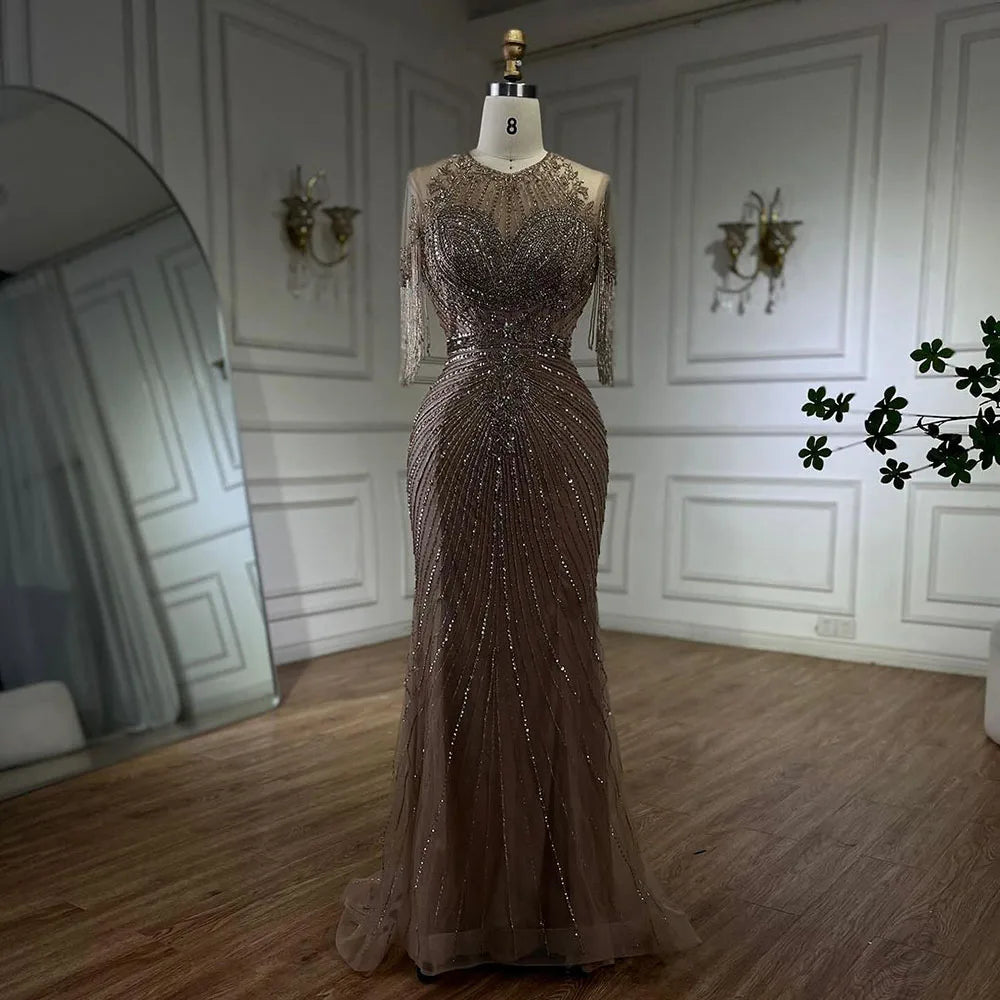 Luxury Dubai Arabic Caramel Tassel Mermaid Beaded Evening Dresses Gowns for Women's Wedding Party 2025 LA72463