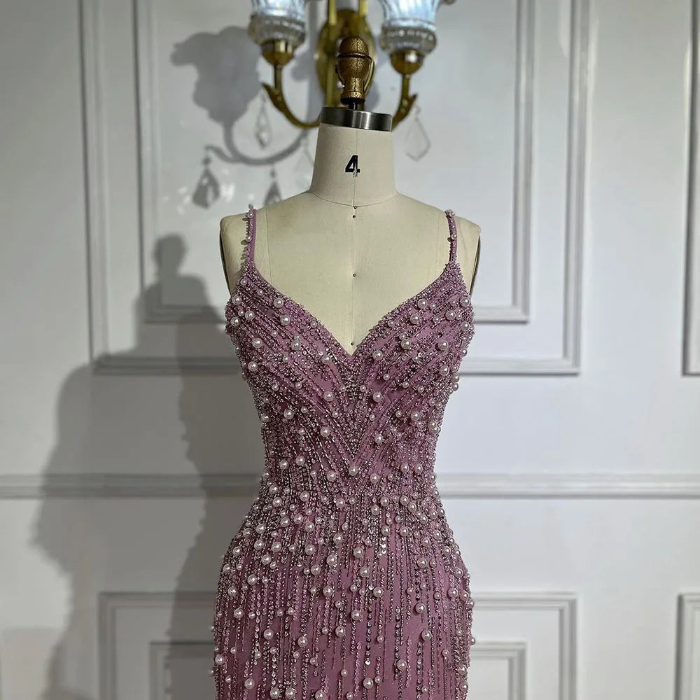 Vestido de noche árabe rosa con escote sirena y tirantes finos, con abertura alta y cuentas de perlas para mujer, para fiesta de boda LA72464