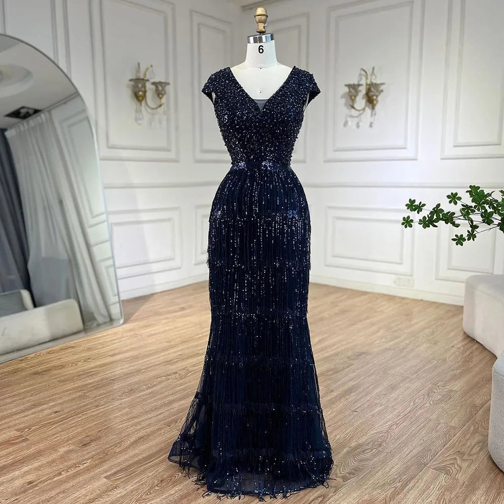 Luxury Dubai Arabic Mermaid Gold Elegant Tassel Beaded Evening Dresses Gowns for Women's Wedding Party 2025 LA72581
