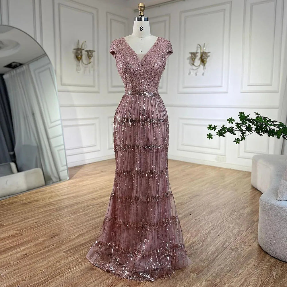 Luxury Dubai Arabic Mermaid Gold Elegant Tassel Beaded Evening Dresses Gowns for Women's Wedding Party 2025 LA72581