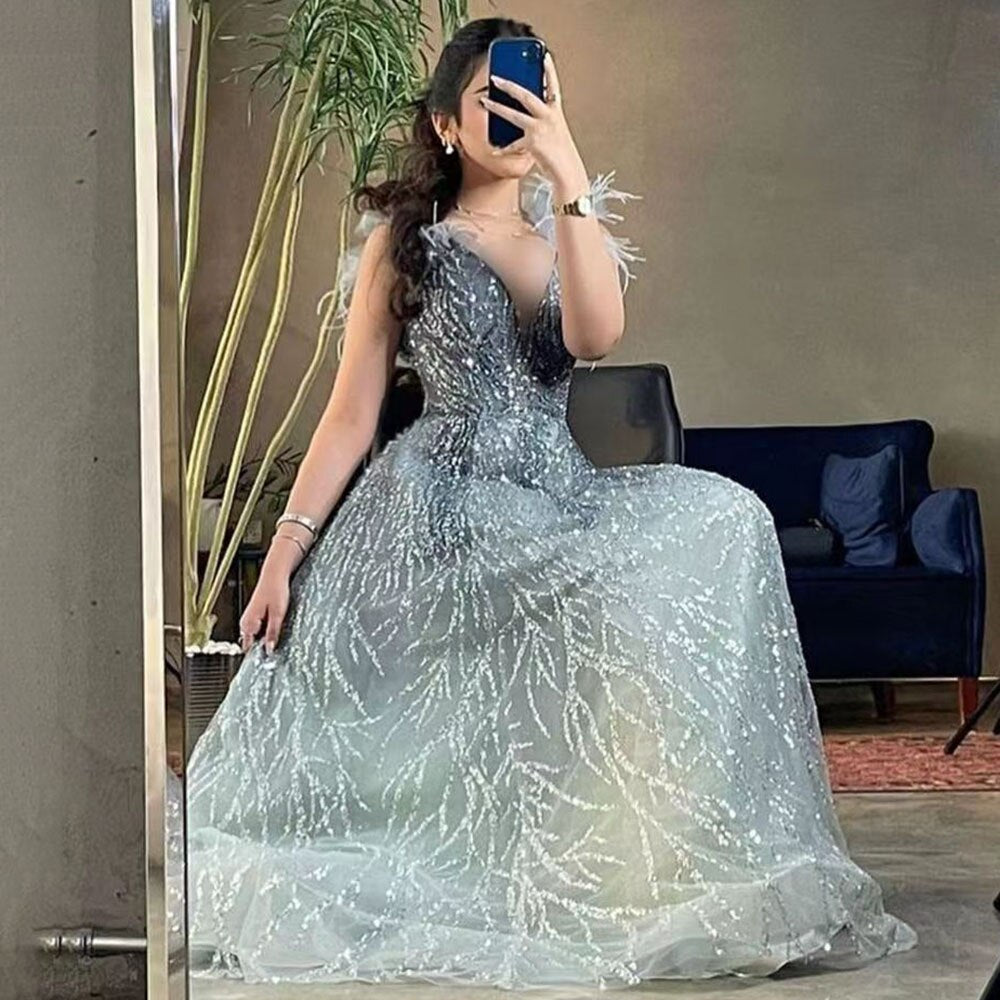 Luxury Dubai Feathers Evening Dresses 2025 Sexy V-Neck Beaded Blue Long Formal Party Gowns For Women Wedding LA71805