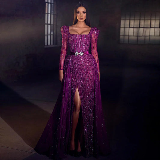 En oferta, sin devolución ni reembolso, lujosos vestidos de noche fucsia de Dubái para mujer, boda 2025, sobrefalda de manga larga, fiesta formal árabe LA71678