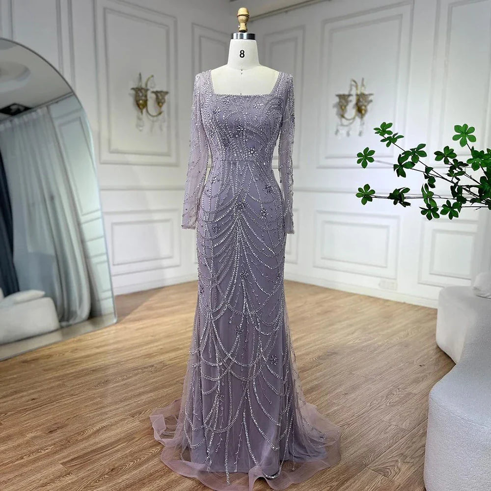 Luxuriöses Dubai Grünes Meerjungfrau Abendkleid mit langen Ärmeln LA72242