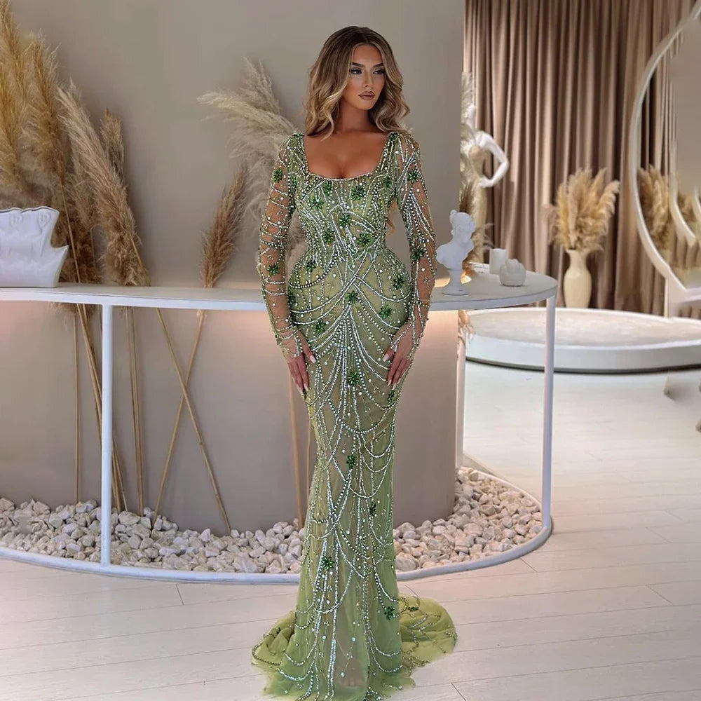 Luxuriöses Dubai Grünes Meerjungfrau Abendkleid mit langen Ärmeln LA72242