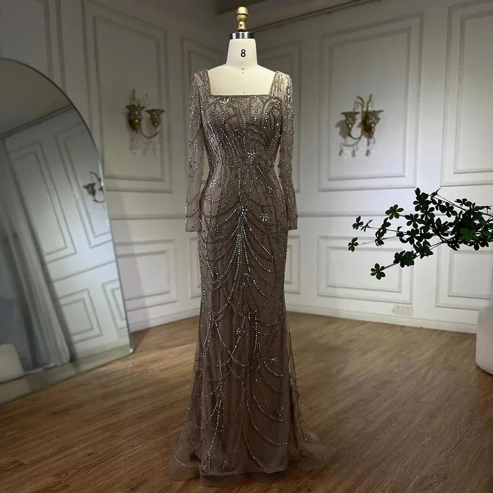 Luxuriöses Dubai Grünes Meerjungfrau Abendkleid mit langen Ärmeln LA72242
