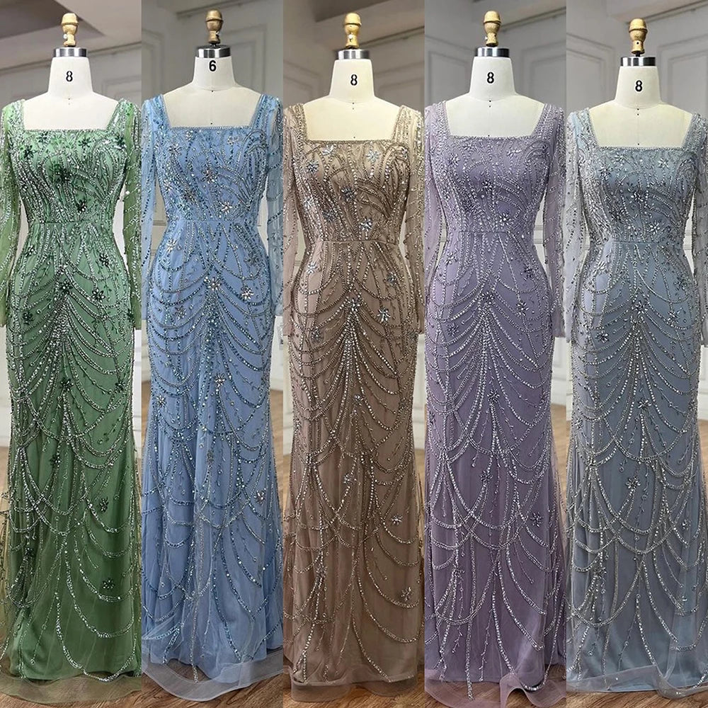 Luxuriöses Dubai Grünes Meerjungfrau Abendkleid mit langen Ärmeln LA72242