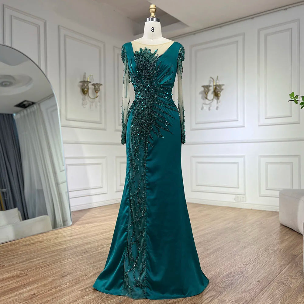 Luxury Dubai Green Mermaid Lace Beaded Satin Evening Dresses Formal Gowns 2025 For Woman Wedding Party LA72202A