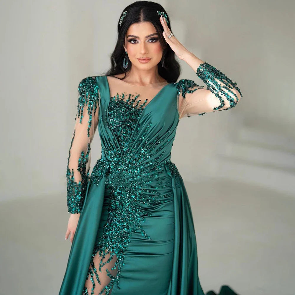 Luxury Dubai Green Mermaid Lace Beaded Satin Evening Dresses Formal Gowns 2025 For Woman Wedding Party LA72202A