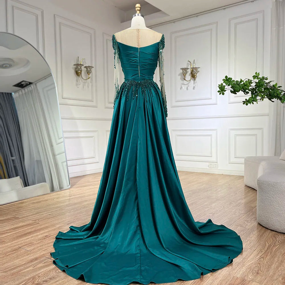 Luxury Dubai Green Mermaid Lace Beaded Satin Evening Dresses Formal Gowns 2025 For Woman Wedding Party LA72202A