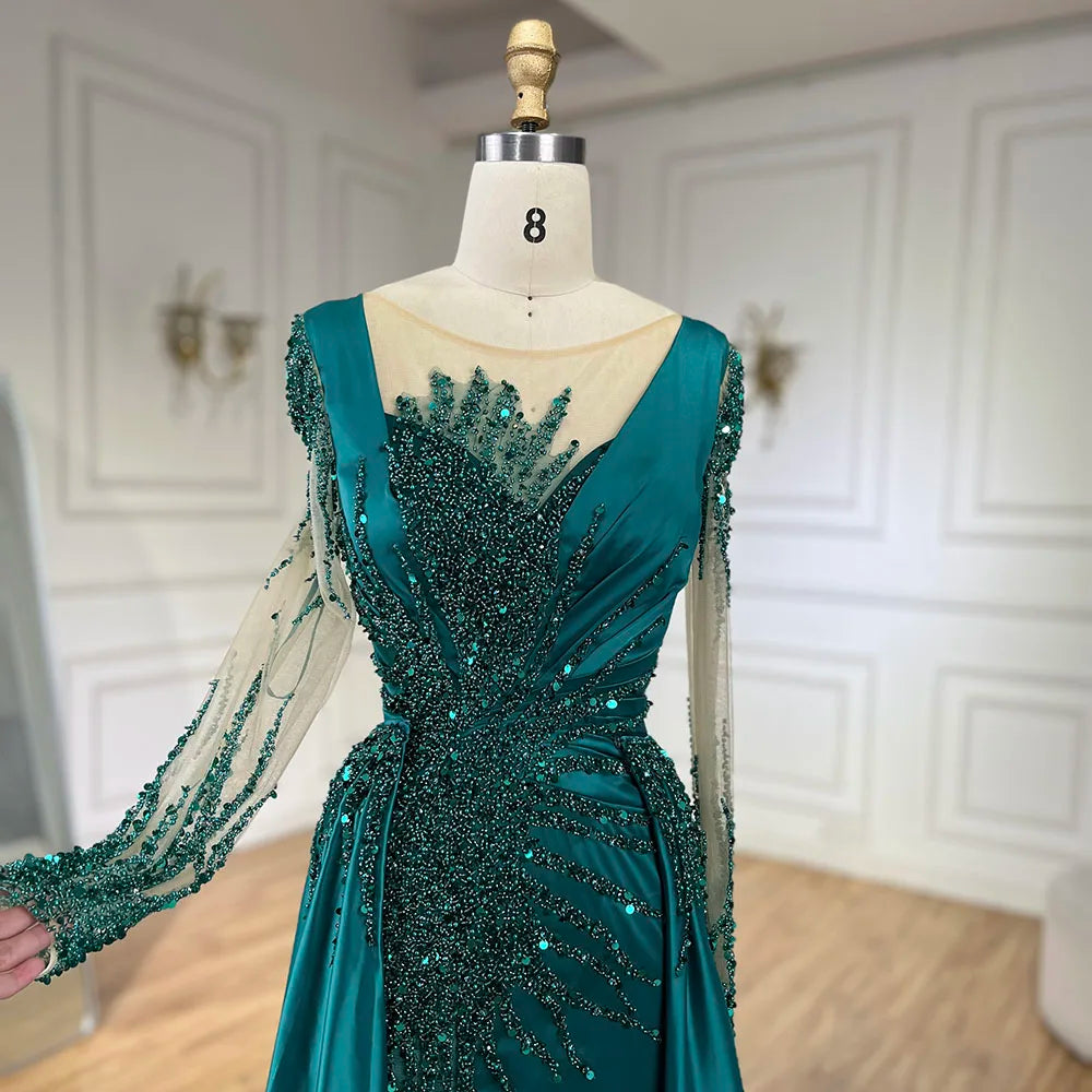 Luxury Dubai Green Mermaid Lace Beaded Satin Evening Dresses Formal Gowns 2025 For Woman Wedding Party LA72202A