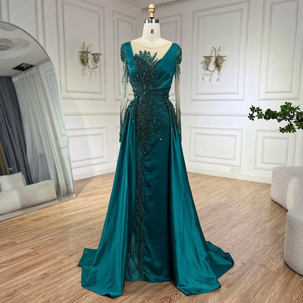 Luxury Dubai Green Mermaid Lace Beaded Satin Evening Dresses Formal Gowns 2025 For Woman Wedding Party LA72202A
