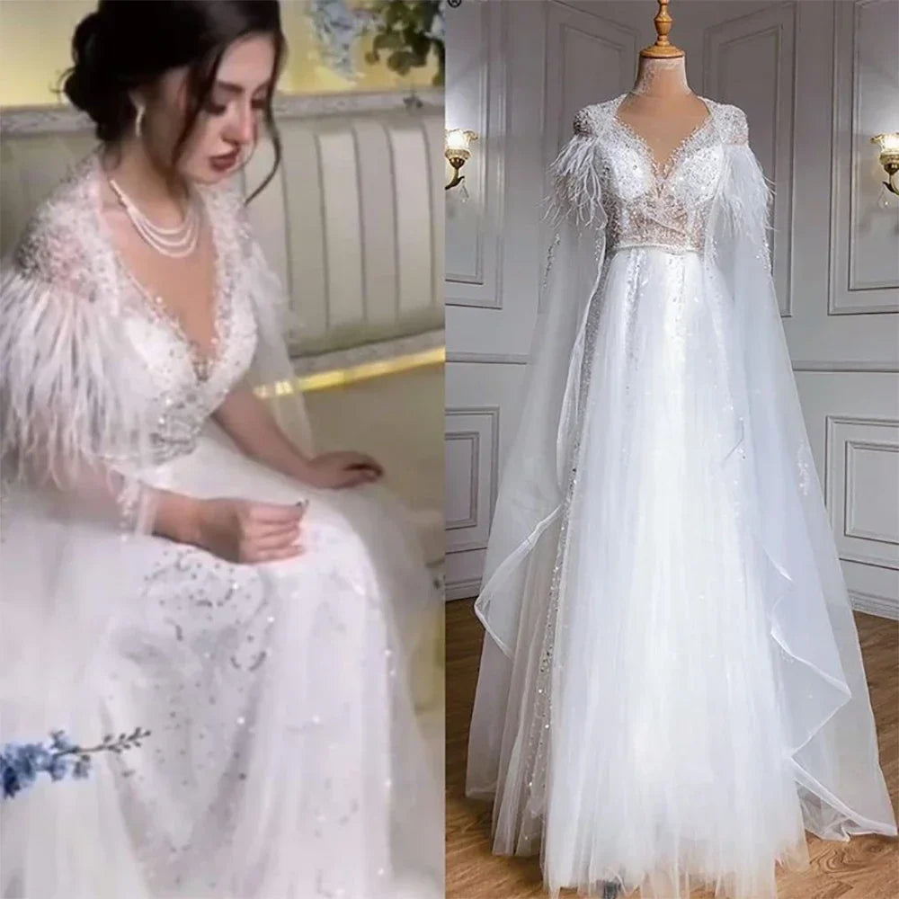 Luxury Dubai Grey Evening Formal Dresses with Feather Cape Shawl Gold Arabic Women Wedding Party Gowns Long LA70640