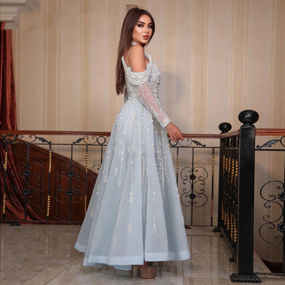 Luxus Dubai Hellblau Abendkleid für Frauen Hochzeit Elegante Schulterfrei Perlen Formale Partykleider LA72003