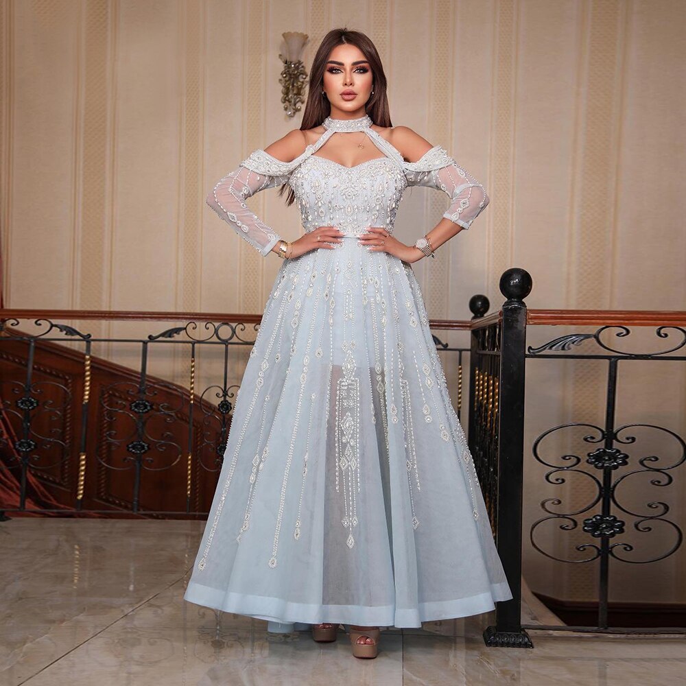 Luxus Dubai Hellblau Abendkleid für Frauen Hochzeit Elegante Schulterfrei Perlen Formale Partykleider LA72003